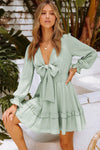 Tied Plunge Smocked Waist Flounce Sleeve Dress Casual Dresses - Tophatter Daily Deals