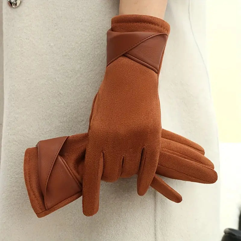 Warm Women's Winter Gloves - Faux Leather Cuff, Fleece Caramel One Size - Tophatter Daily Deals