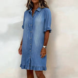 Women's Faux Denim Ruffle-Sleeve Shirt Dress Women's Dresses - Tophatter Daily Deals
