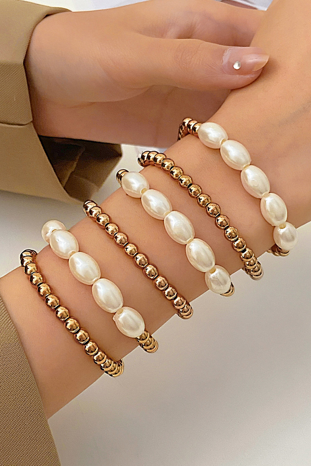 Gold Plated Pearl Beaded 6 Pcs Bracelet Set Bracelets - Tophatter Daily Deals