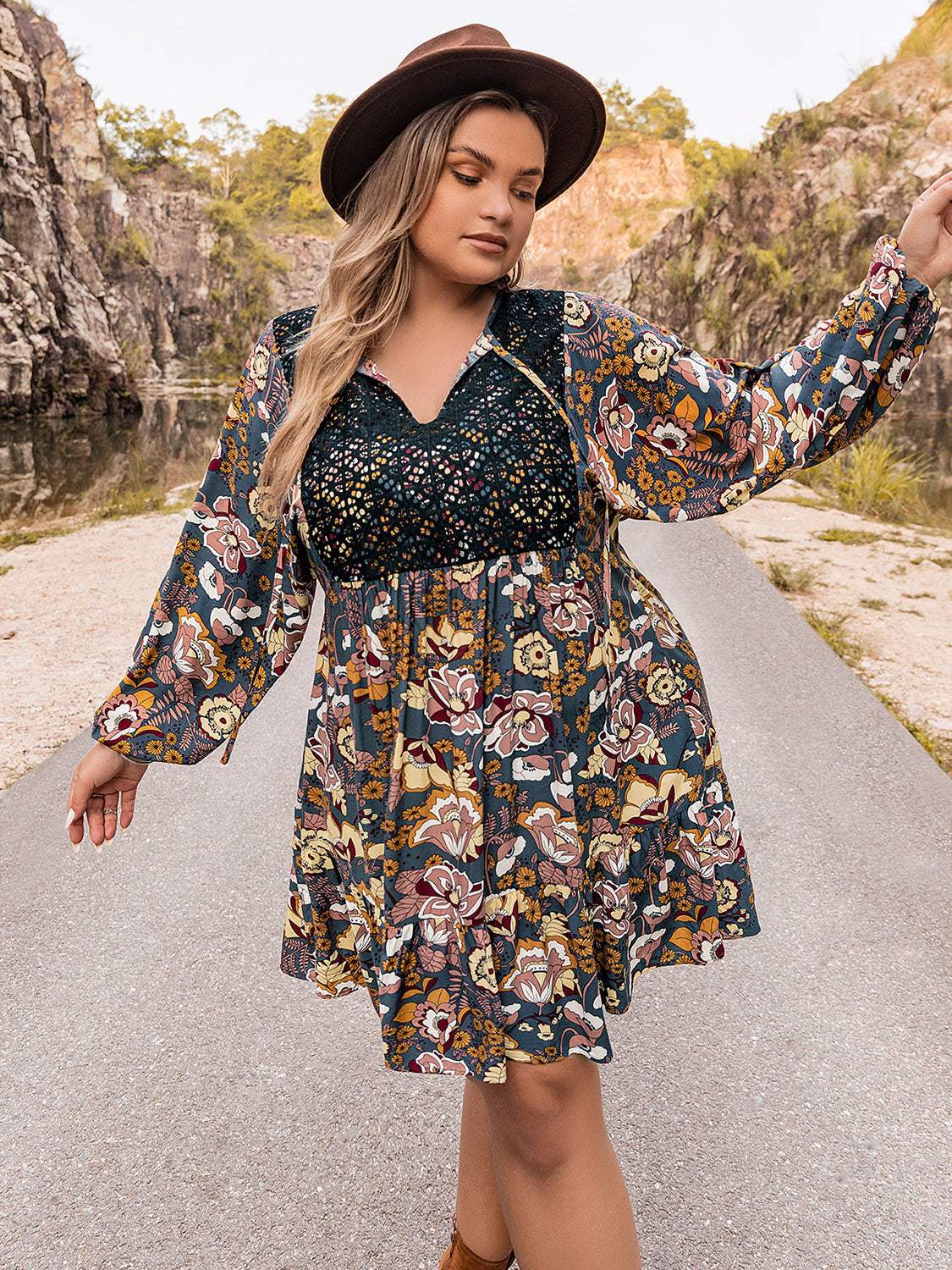 Plus Size Floral Tie Neck Balloon Sleeve Mini Dress Casual Dresses - Tophatter Daily Deals