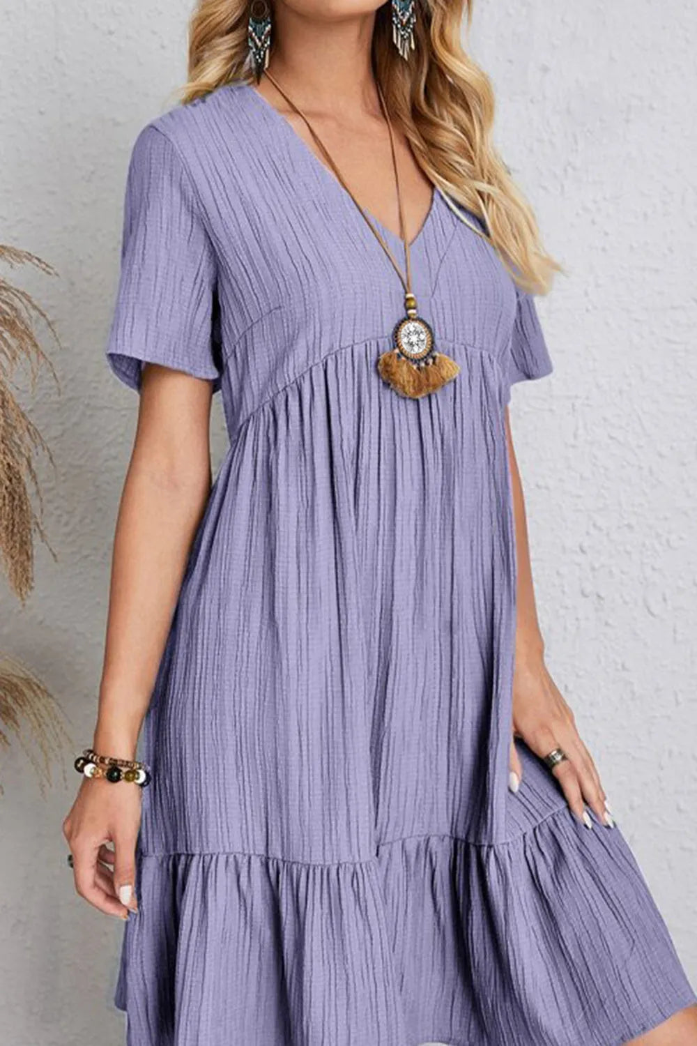 Full Size Ruched V-Neck Short Sleeve Dress Casual Dresses - Tophatter Daily Deals