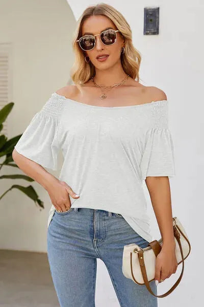 Smocked Round Neck Flutter Sleeve T-Shirt White Women's T-Shirts - Tophatter Daily Deals