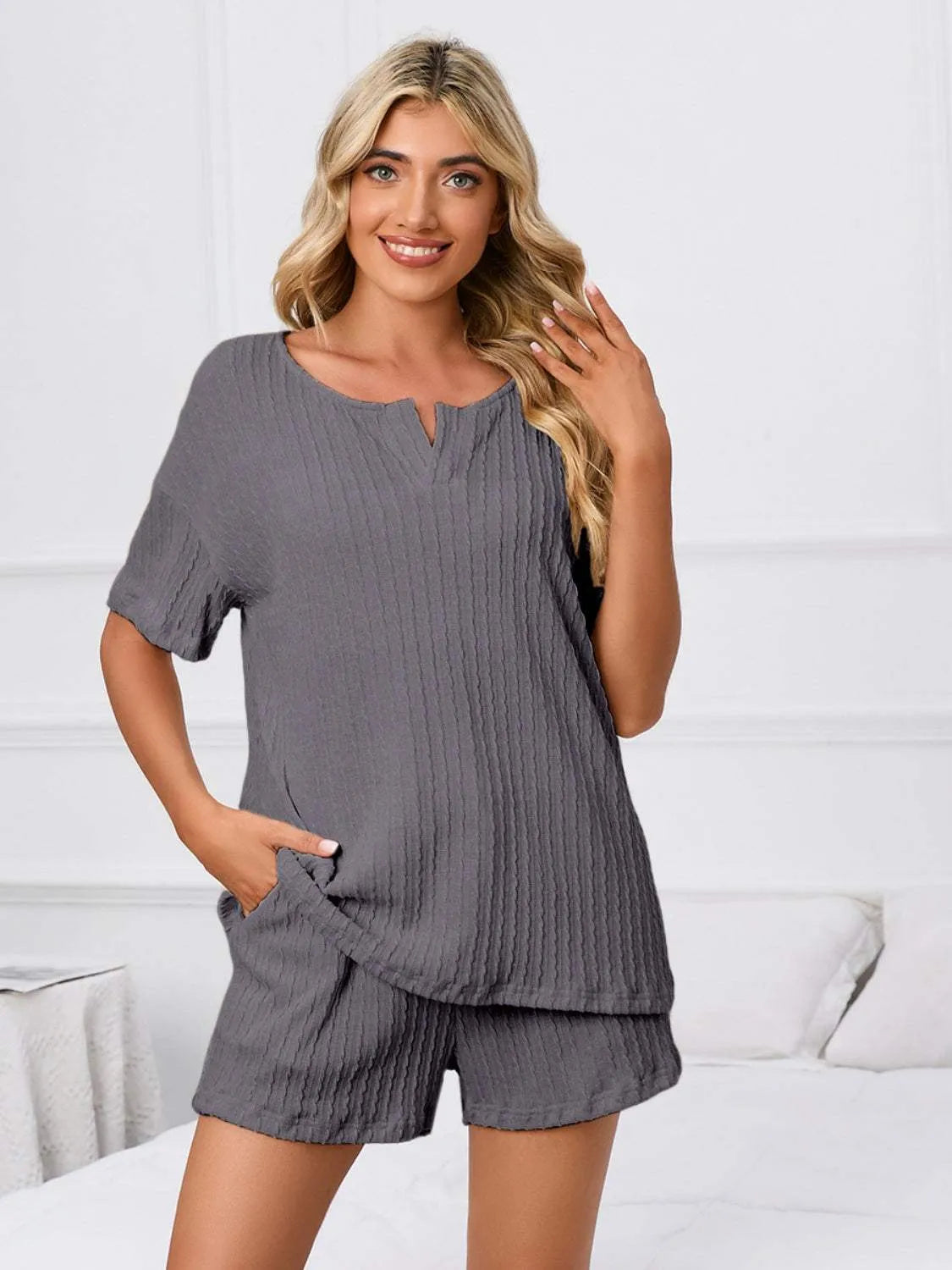 Notched Short Sleeve and Shorts Lounge Set Loungewear Sets - Tophatter Daily Deals