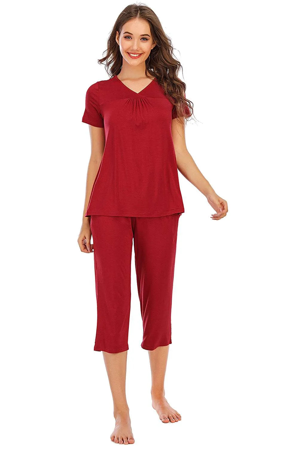 V-Neck Short Sleeve Top and Pants Lounge Set Loungewear Sets - Tophatter Daily Deals
