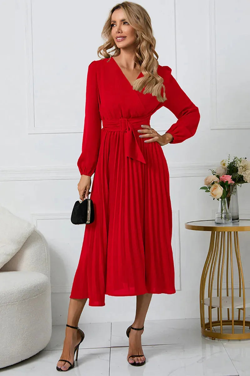 V-Neck Long Sleeve Tie Waist Midi Dress Casual Dresses - Tophatter Daily Deals