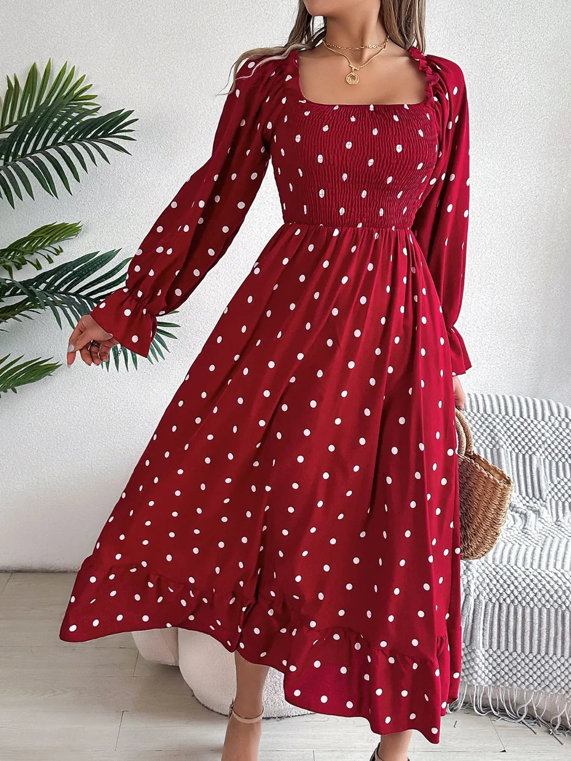 Polka Dot Flounce Sleeve Midi Dress Casual Dresses - Tophatter Daily Deals