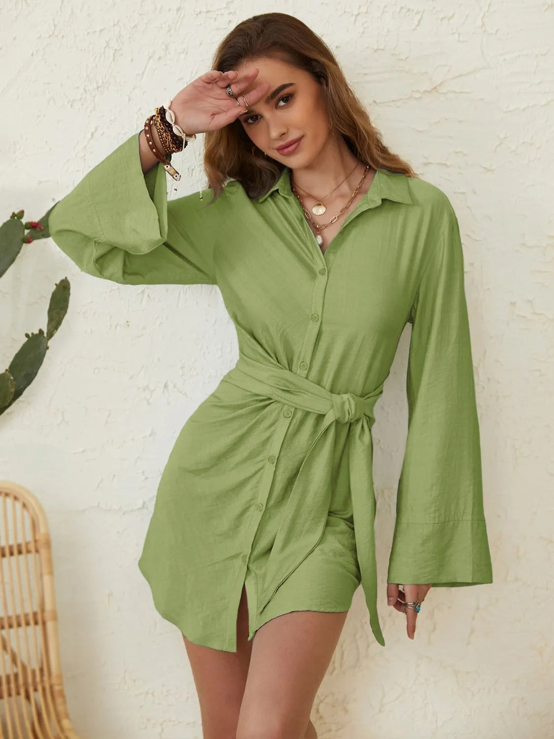 Collared Neck Long Sleeve Mini Shirt Dress Matcha Green Casual Dresses - Tophatter Daily Deals