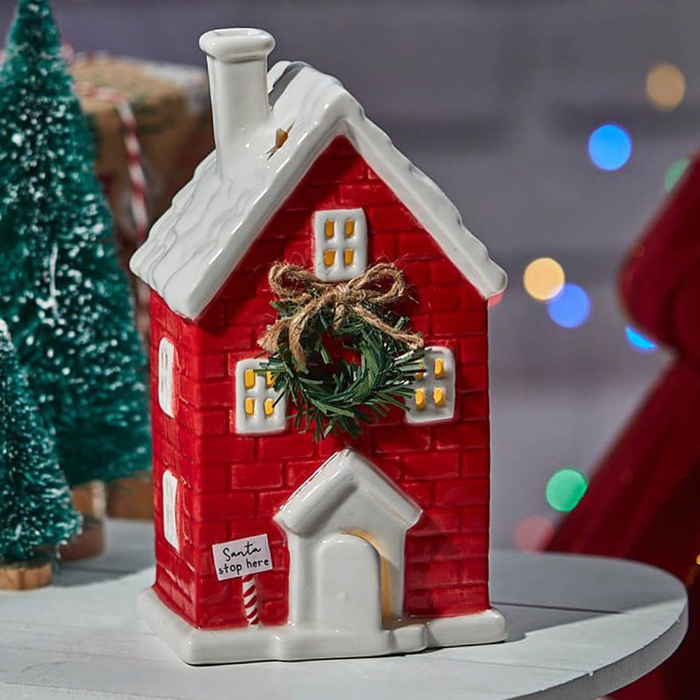 Ceramic Christmas LED House Ornament Santa Stop Here Festive Light-Up Decoration LED Light - Tophatter Daily Deals
