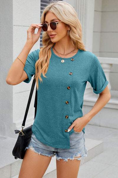 Round Neck Short Sleeve T-Shirt Turquoise Women's T-Shirts - Tophatter Daily Deals