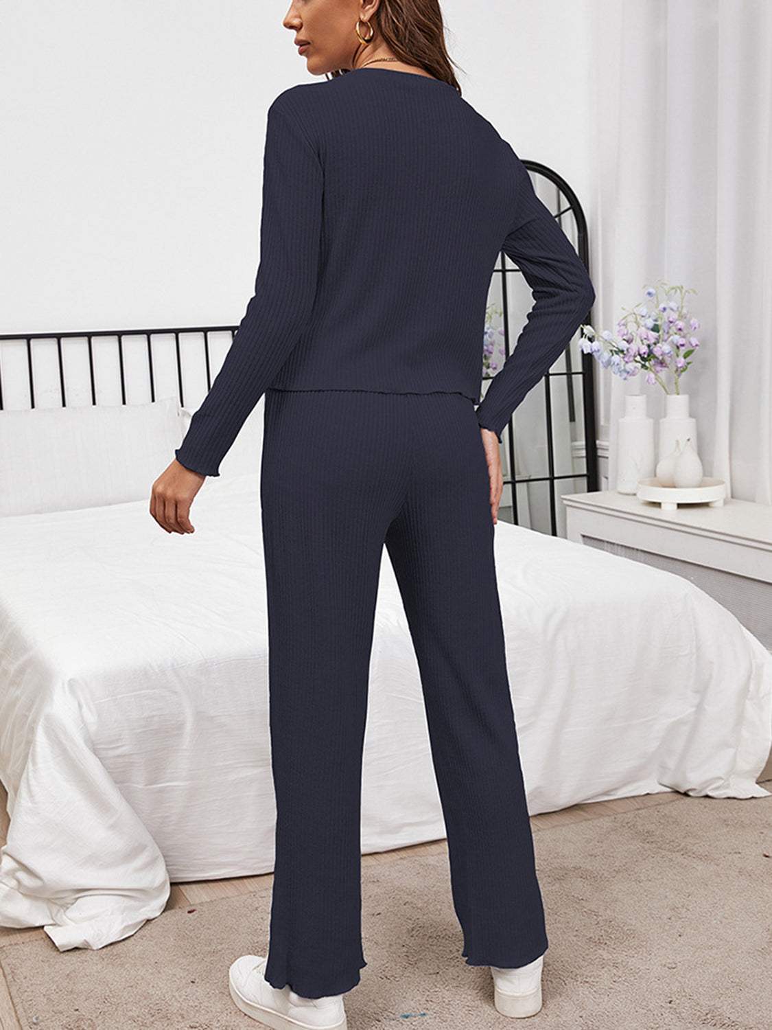 Round Neck Long Sleeve Top and Drawstring Pants Lounge Set Loungewear Sets - Tophatter Daily Deals