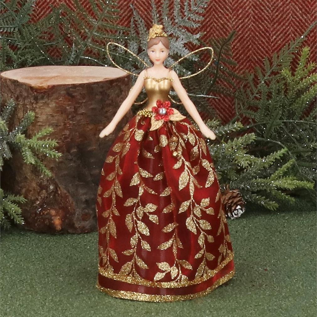 Red Fairy Christmas Tree Topper | Gold Leaf Fairy Angel Tree Ornament - 18cm Tree Decoration - Tophatter Daily Deals