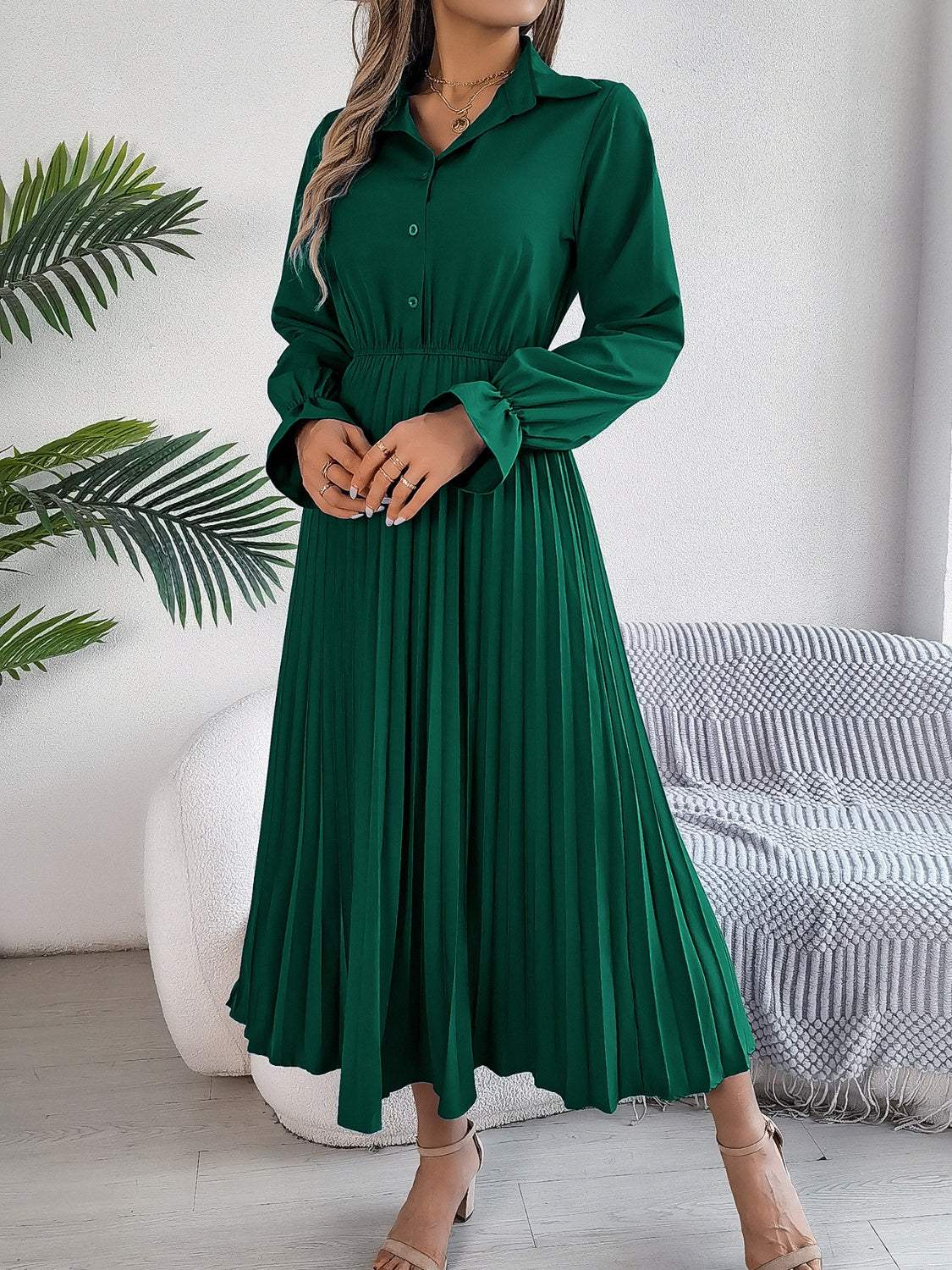 Pleated Half Button Long Sleeve Midi Dress Casual Dresses - Tophatter Daily Deals