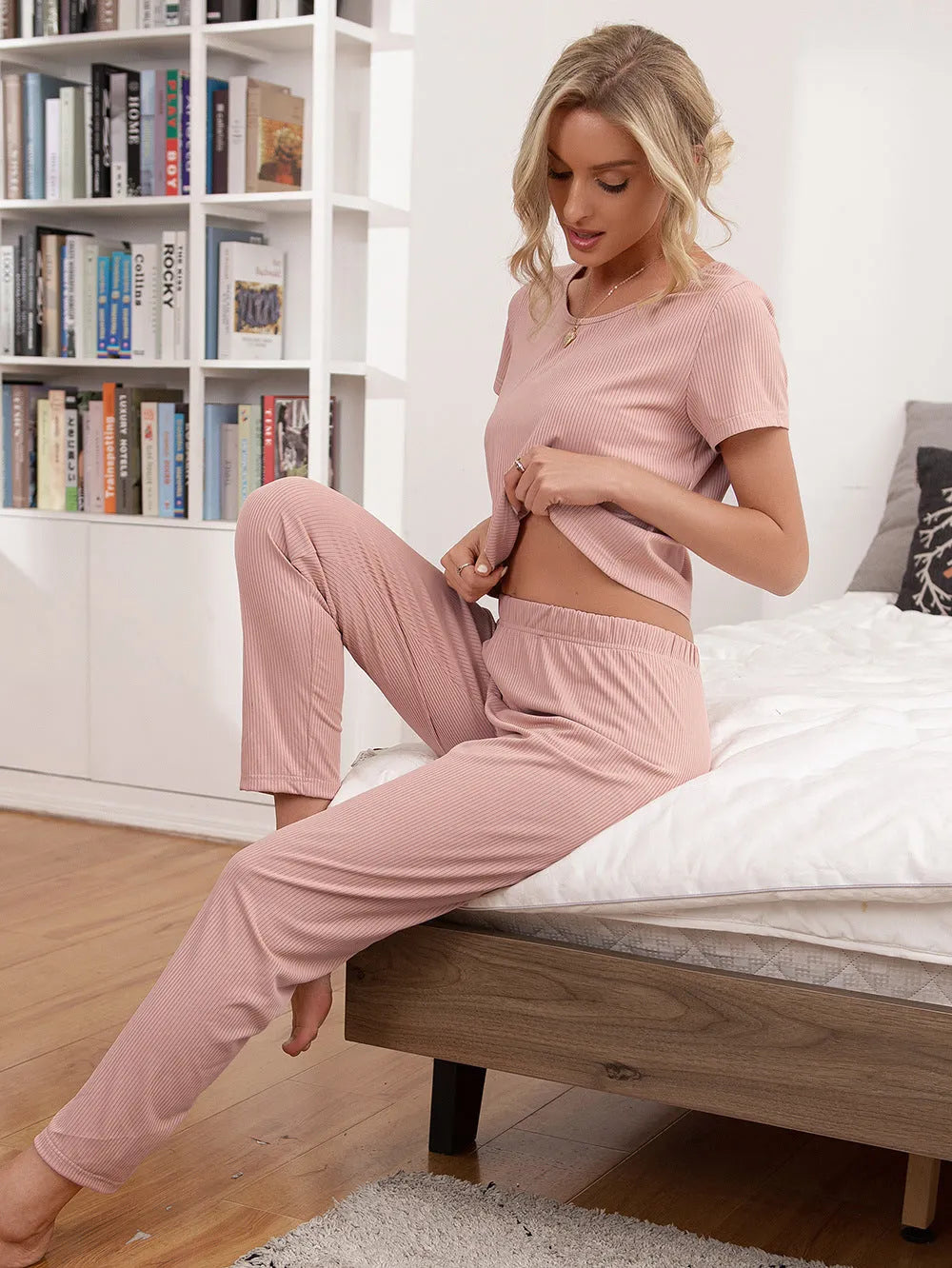 Round Neck Short Sleeve Top and Pants Lounge Set Blush Pink Loungewear Sets - Tophatter Daily Deals