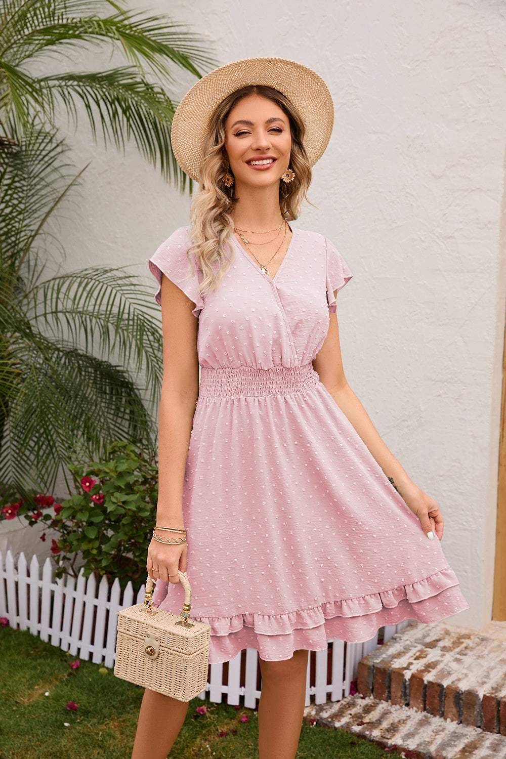 Swiss Dot Cap Sleeve Dress Blush Pink Casual Dresses - Tophatter Daily Deals