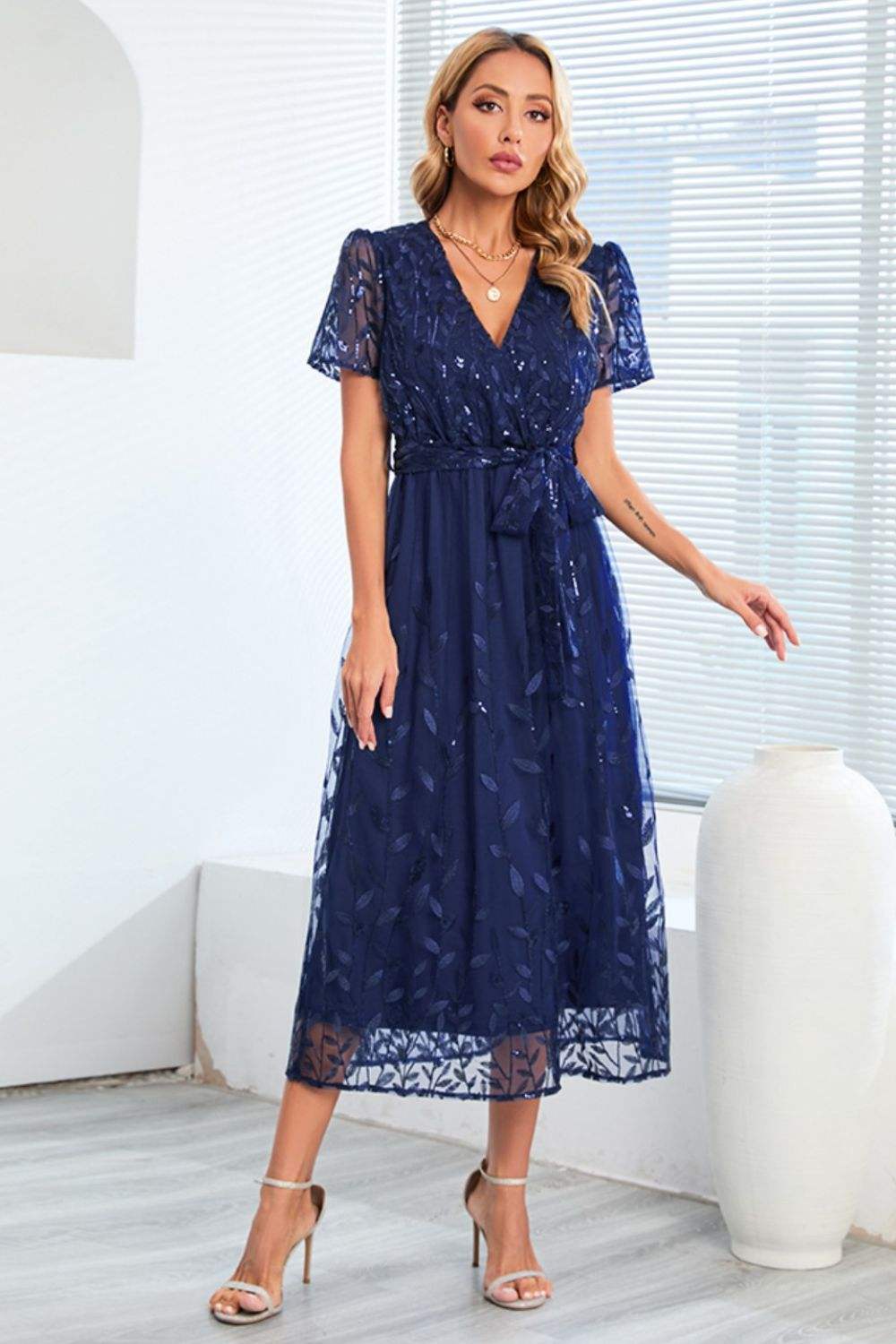 Sequin Leaf Embroidery Tie Front Short Sleeve Dress Cocktail Dresses - Tophatter Daily Deals