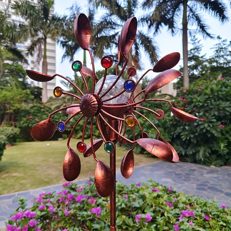 Solar Powered Metal Wind Spinner with LED Lights Outdoor & Garden Decor - Tophatter Daily Deals
