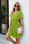 Surplice Neck Tie Waist Flutter Sleeve Pleated Dress Chartreuse Casual Dresses - Tophatter Daily Deals