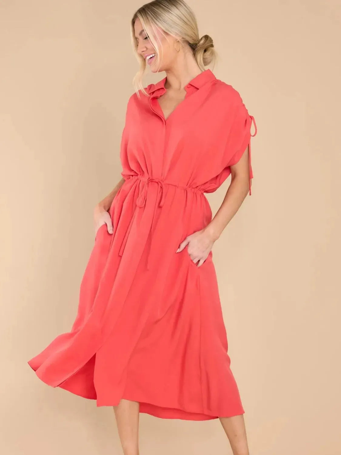 Drawstring Collared Neck Short Sleeve Midi Dress Casual Dresses - Tophatter Daily Deals