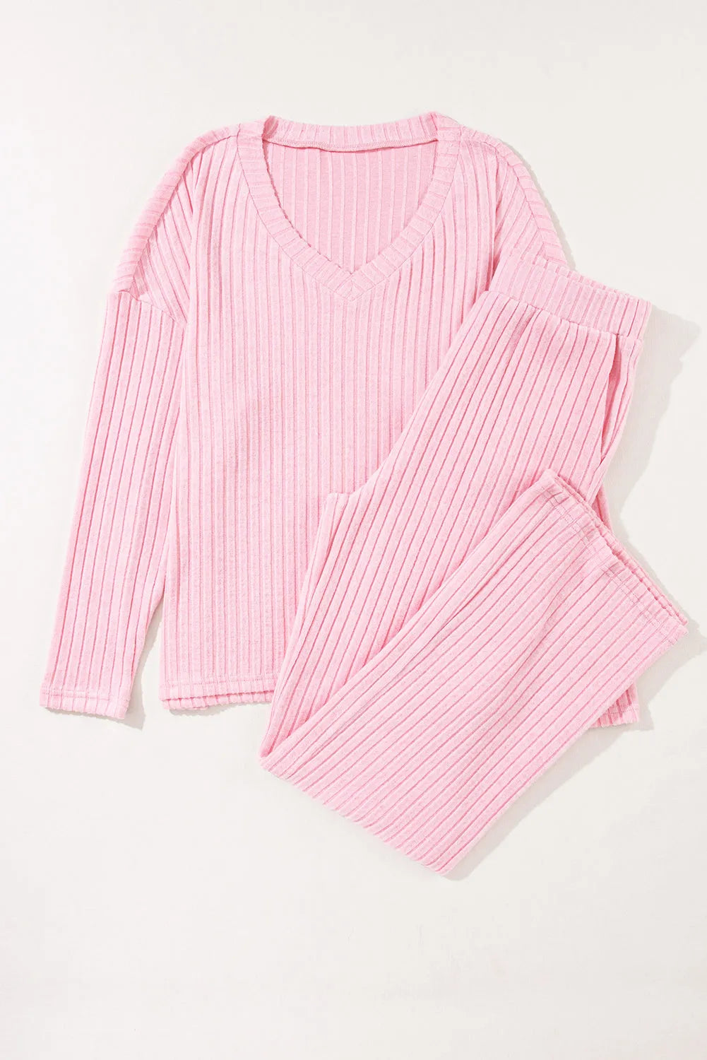 Light Pink Ribbed Knit V Neck Slouchy Two-piece Outfit Loungewear & Sleepwear/Loungewear - Tophatter Daily Deals