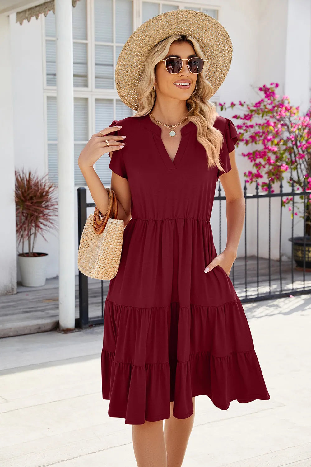 Ruched Notched Cap Sleeve Dress Wine Casual Dresses - Tophatter Daily Deals