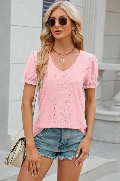 Eyelet Round Neck Flounce Sleeve T-Shirt Blush Pink Women's T-Shirts - Tophatter Daily Deals