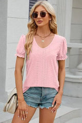 Eyelet Round Neck Flounce Sleeve T-Shirt Blush Pink Women's T-Shirts - Tophatter Daily Deals