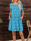 Pocketed Printed Round Neck Short Sleeve Mini Dress Sky Blue Casual Dresses - Tophatter Daily Deals