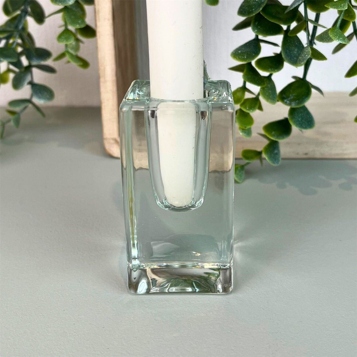 Clear Glass Candlestick | Square Glass Taper Dinner Candle Holder - 8cm Candle Holder - Tophatter Daily Deals