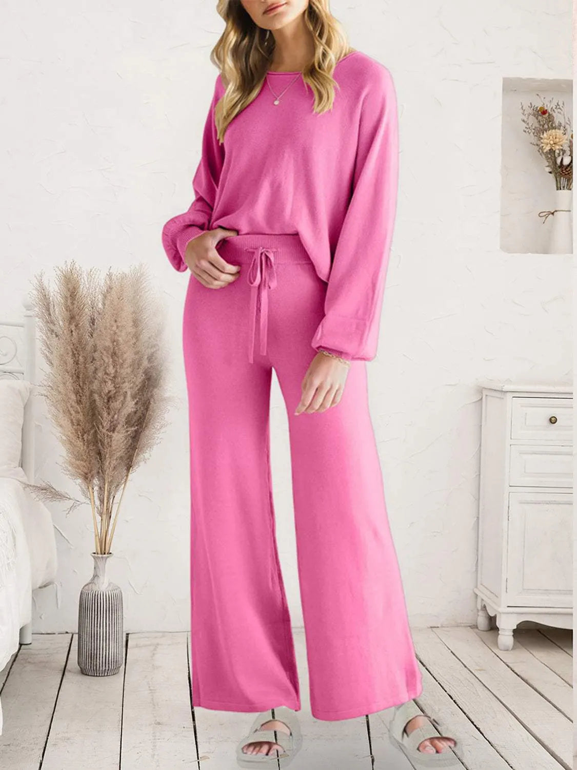 Long Sleeve Lounge Top and Drawstring Pants Set Pink Loungewear Sets - Tophatter Daily Deals
