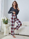 Buttoned Long Sleeve Top and Plaid Pants Lounge Set Loungewear Sets - Tophatter Daily Deals