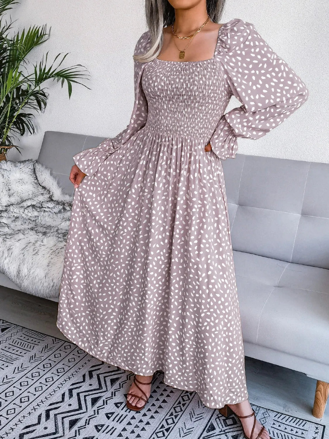 Smocked Square Neck Flounce Sleeve Dress Casual Dresses - Tophatter Daily Deals