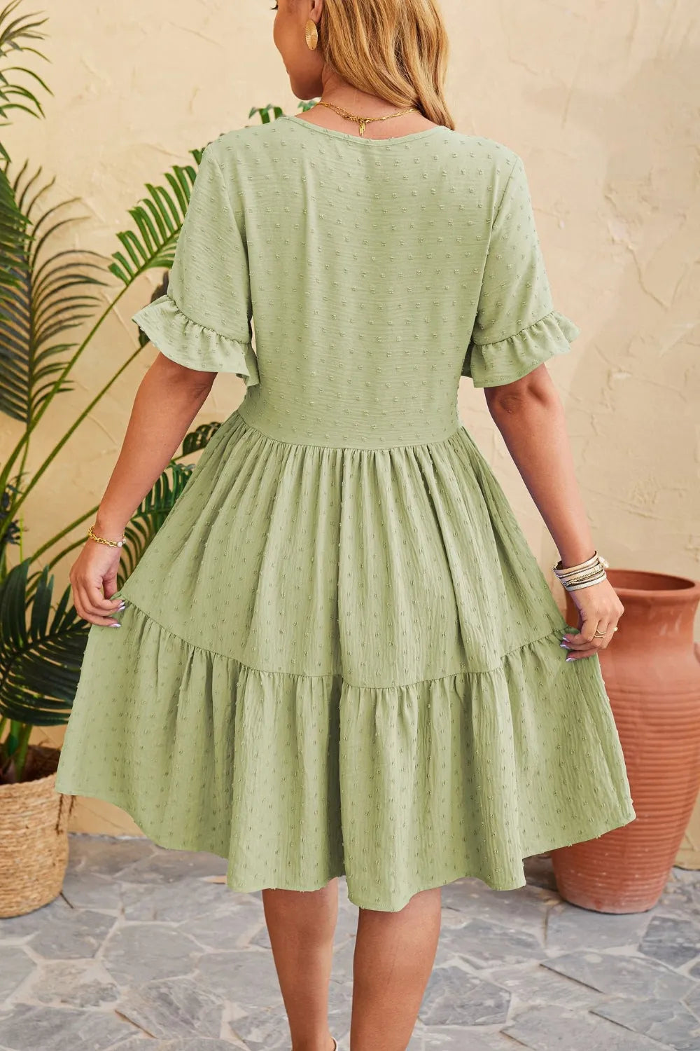 Swiss Dot Ruffled V-Neck Tiered Dress Casual Dresses - Tophatter Daily Deals