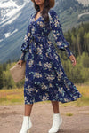 Printed Notched Lantern Sleeve Midi Dress Casual Dresses - Tophatter Daily Deals