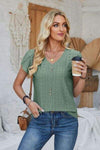 Decorative Button Eyelet V-Neck Short Sleeve T-Shirt Sage Women's T-Shirts - Tophatter Daily Deals