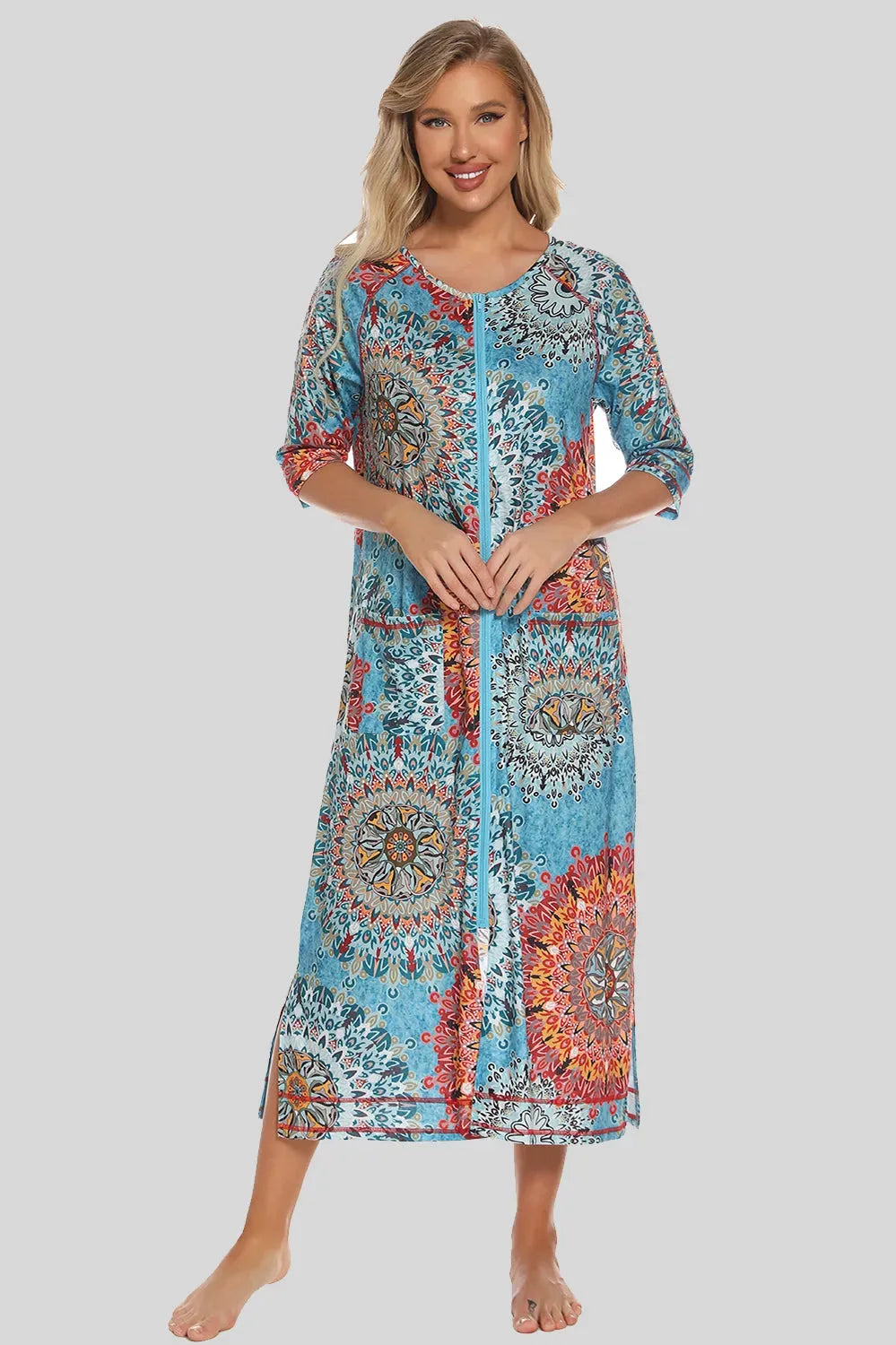 Printed Slit Night Dress with Pockets Sleep Dresses - Tophatter Daily Deals