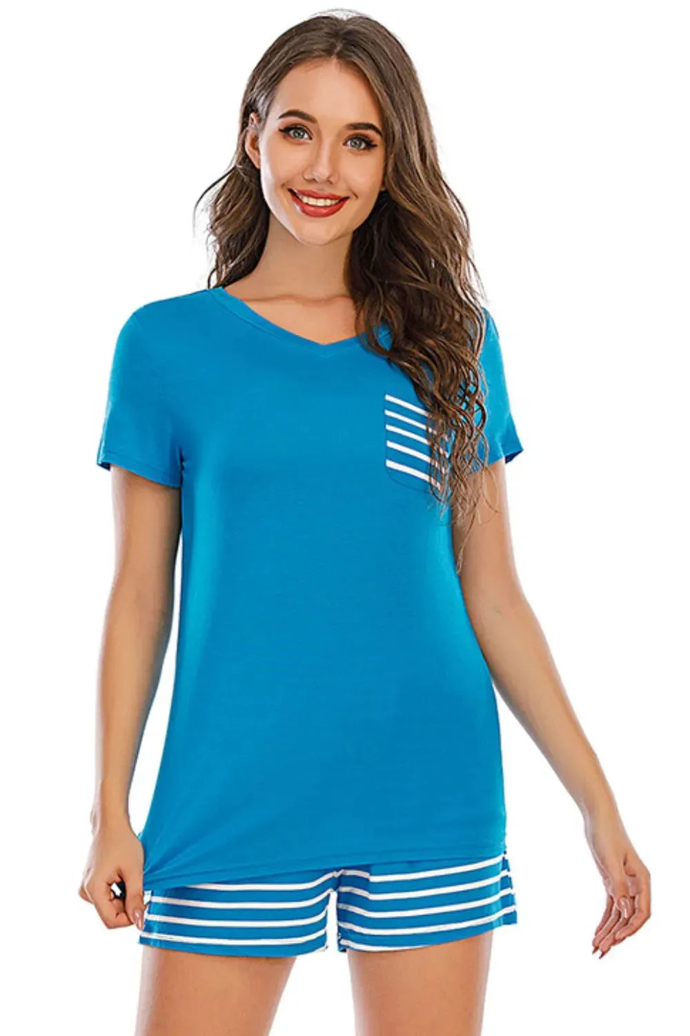 Striped Short Sleeve Top and Shorts Lounge Set Sky Blue Loungewear Sets - Tophatter Daily Deals