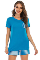 Striped Short Sleeve Top and Shorts Lounge Set Sky Blue Loungewear Sets - Tophatter Daily Deals