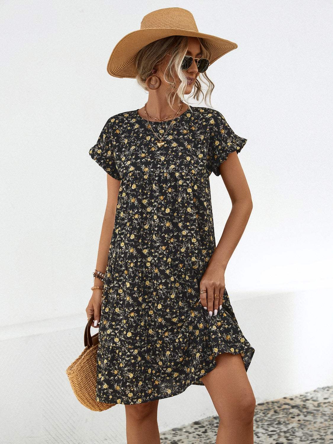 Frill Floral Round Neck Short Sleeve Tiered Dress Black Casual Dresses - Tophatter Daily Deals