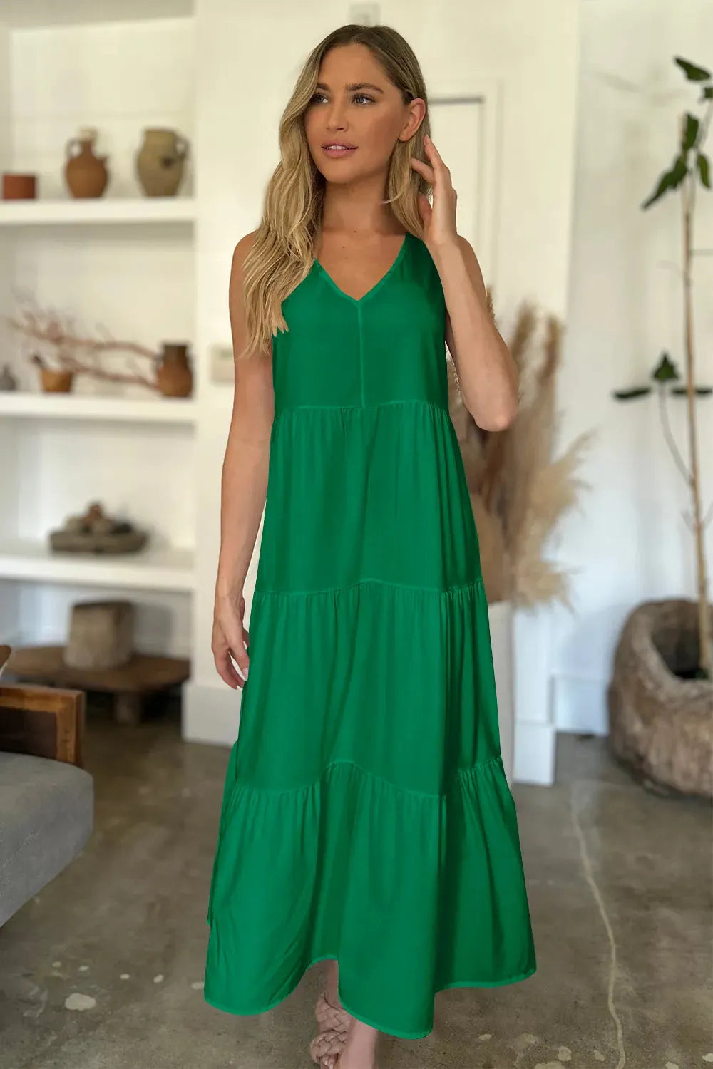 V-Neck Sleeveless Midi Tiered Dress Green Casual Dresses - Tophatter Daily Deals