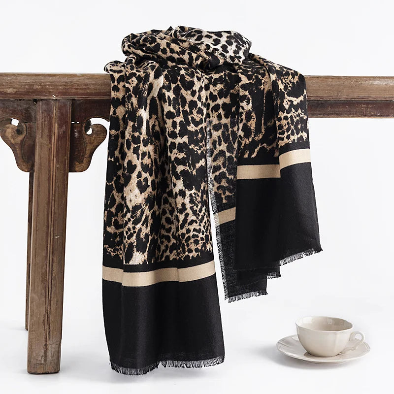 Lightweight Women’s Leopard Scarf - Fringed Knit, Soft Black Leopard 65x190cm - Tophatter Daily Deals