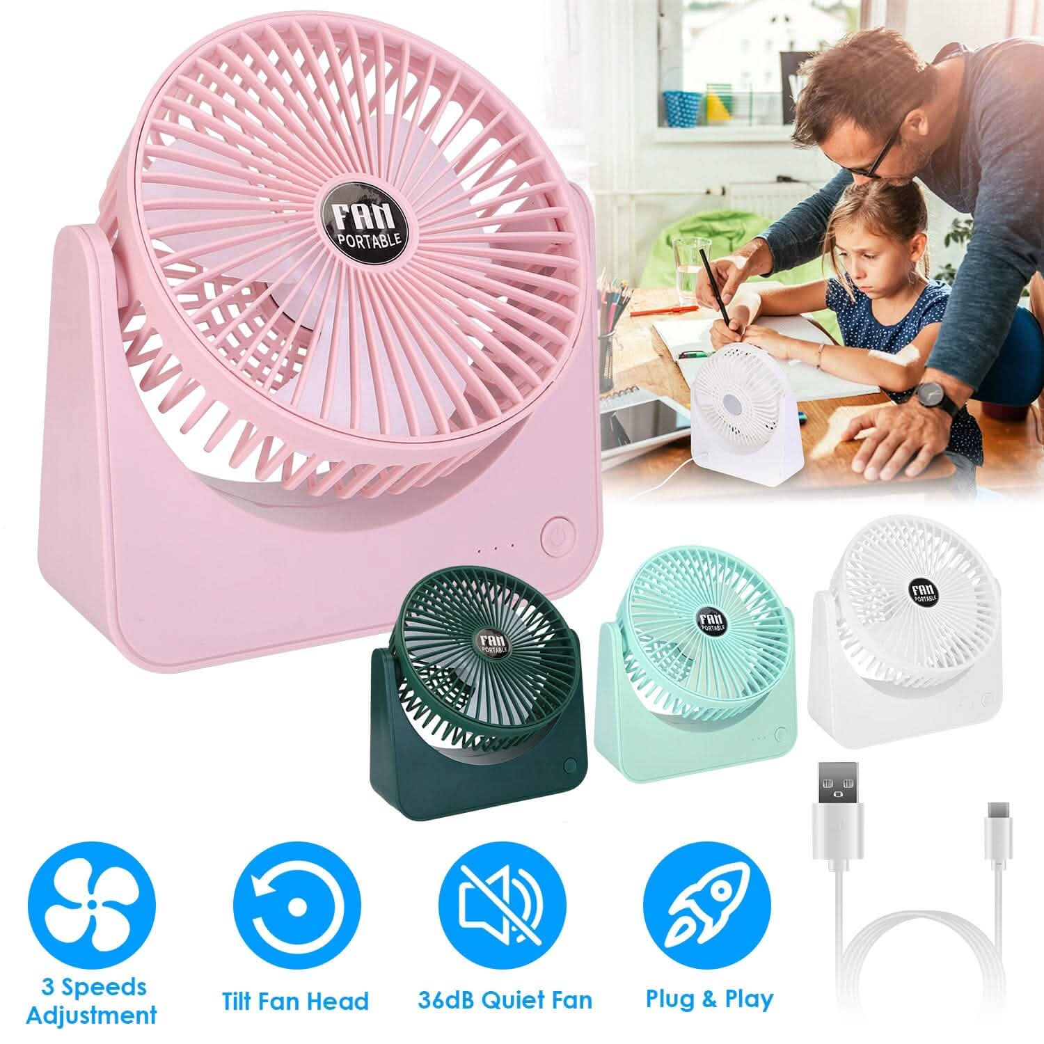 6.5" Desk Fan USB Powered 3 Speeds Household Appliances - Tophatter Daily Deals
