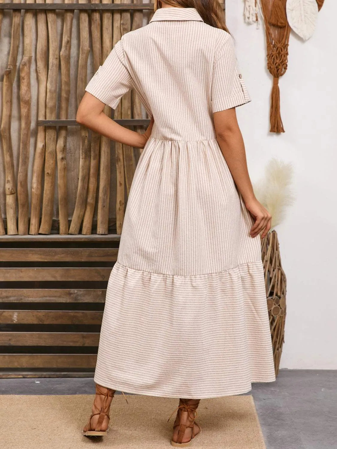 Striped Collared Neck Short Sleeve Dress Casual Dresses - Tophatter Daily Deals