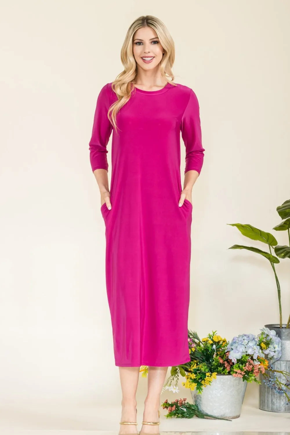 Celeste Full Size Round Neck Midi Dress MAGENTA Casual Dresses - Tophatter Daily Deals