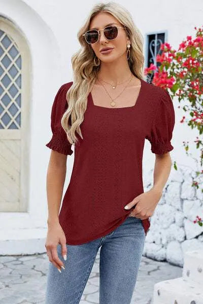 Eyelet Square Neck Short Sleeve T-Shirt Wine Women's T-Shirts - Tophatter Daily Deals