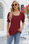 Eyelet Square Neck Short Sleeve T-Shirt Wine Women's T-Shirts - Tophatter Daily Deals