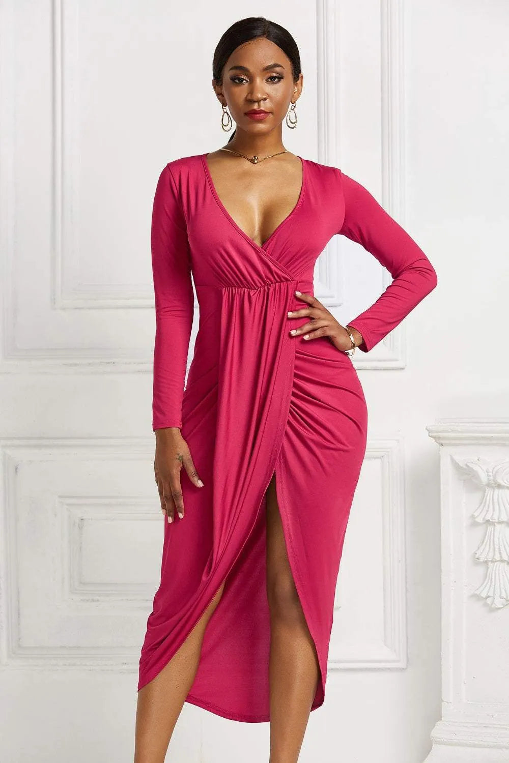 High-low Ruched Surplice Long Sleeve Dress Cocktail Dresses - Tophatter Daily Deals