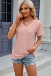 Eyelet V-Neck Short Sleeve T-Shirt Light Mauve Women's T-Shirts - Tophatter Daily Deals