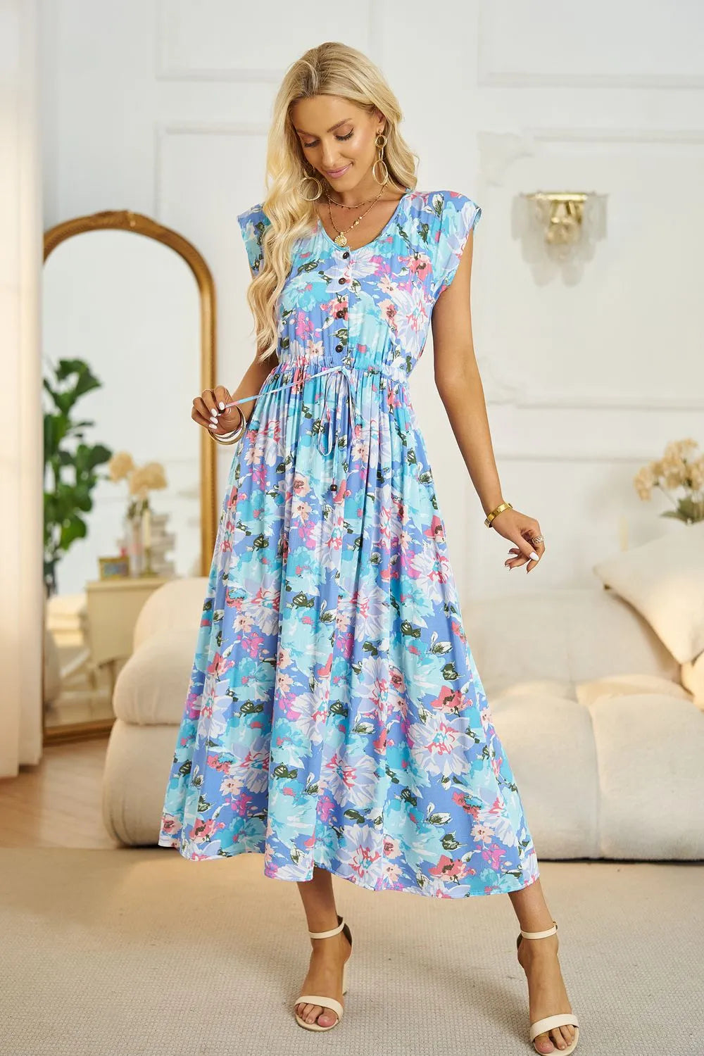 Floral V-Neck A-Line Midi Dress Pastel Blue Casual Dresses - Tophatter Daily Deals