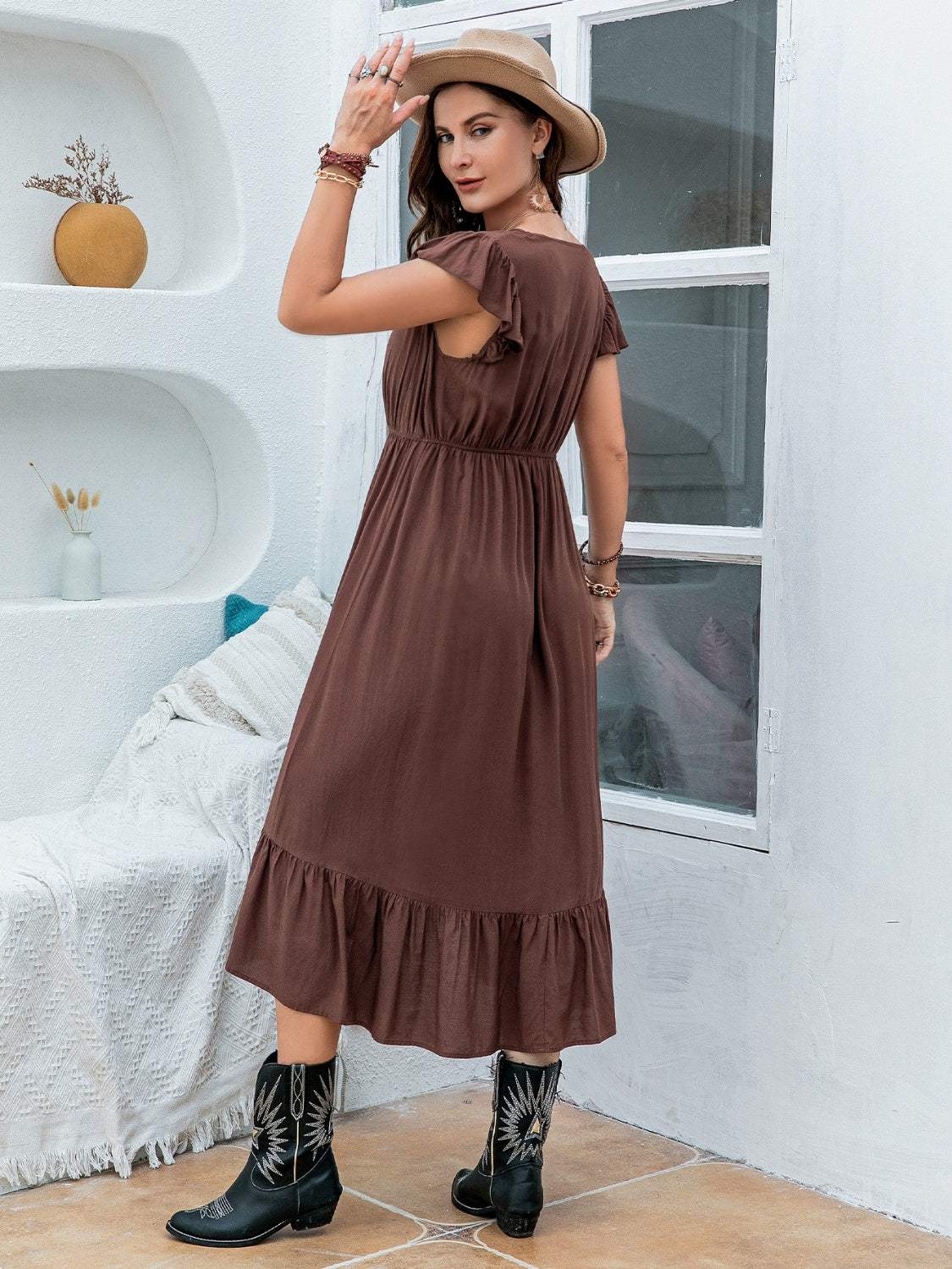 Plus Size Ruffled V-Neck Cap Sleeve Midi Dress Casual Dresses - Tophatter Daily Deals